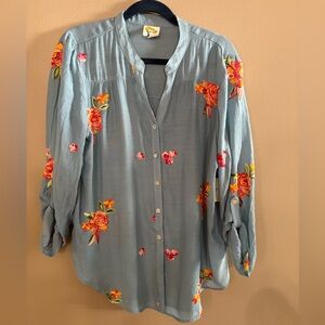 Fig and Flower Blue Blouse with Floral Embroidery